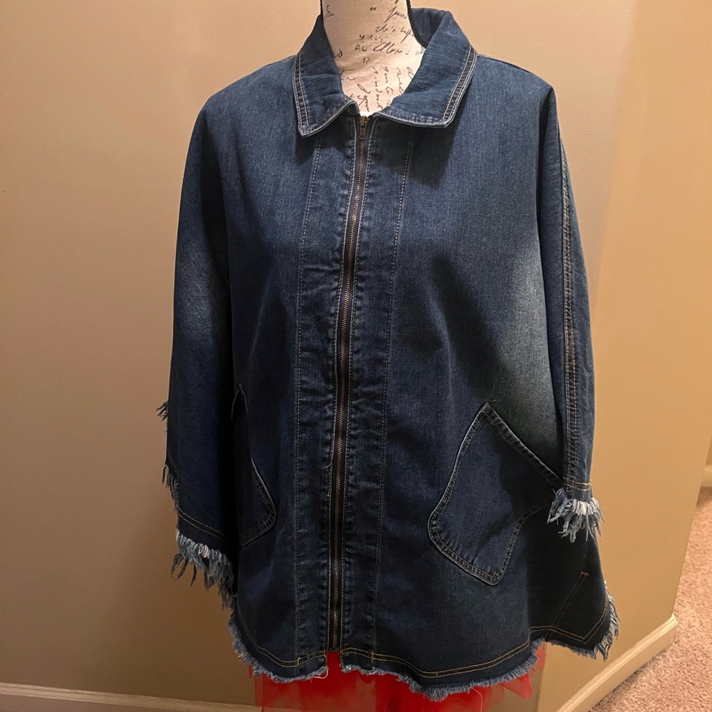 SHEIN Blue Denim Cape with Frayed Details